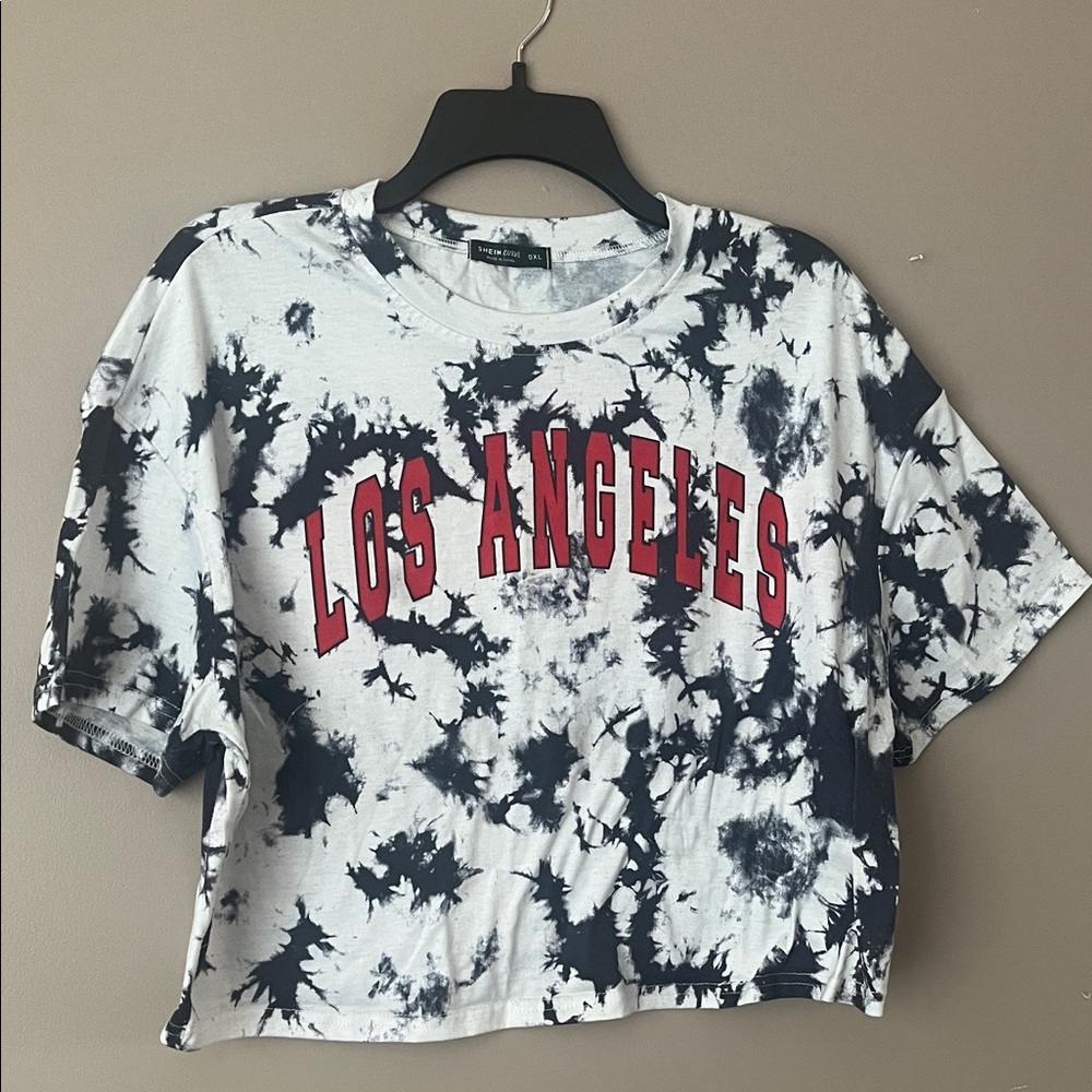 SHEIN Black and White Tie-Dye Tee with Red Print